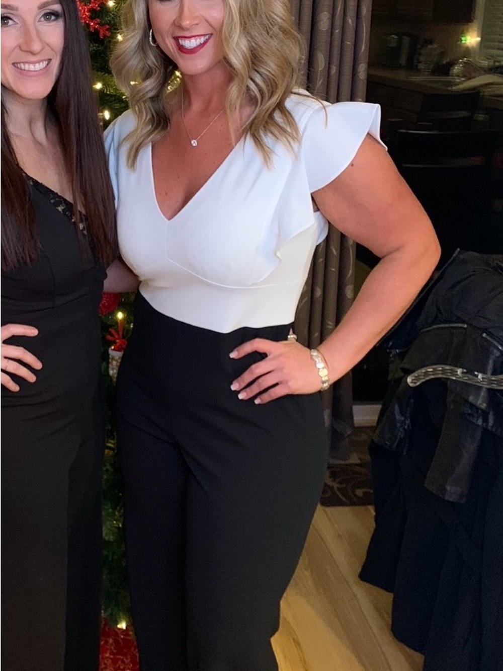DKNY Two-Tone V-Neck Jumpsuit in White and Black